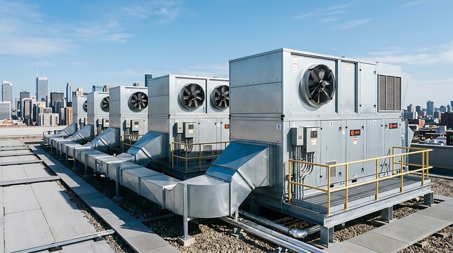 Large commercial air handling units installed on an industrial rooftop, featuring robust fans and ductwork under clear blue skies. Ideal for energy, HVAC, manufacturing, and infrastructure marketing m