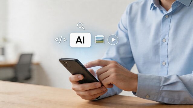 Businessman using smartphone artificial intelligence interface concept digital technology symbol floating above screen code markup icon search magnifier media gallery preview
