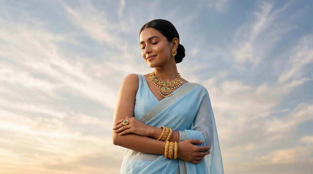 happy young beautiful indian woman wearing traditional sari and jewelery