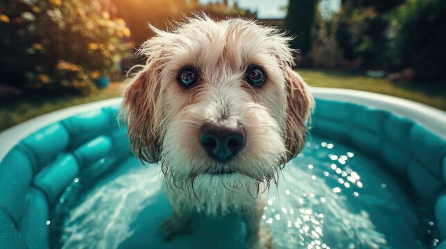 Adorable fluffy dog enjoying a refreshing dip in a kiddie pool on a sunny day