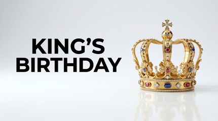 King's Birthday celebration concept, golden royal crown with jewels on white background, majestic monarchy symbol for national holiday