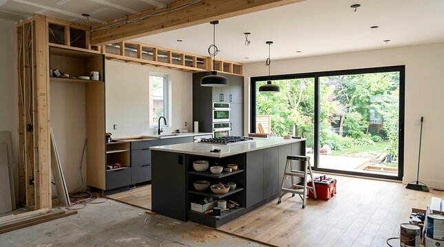 A sleek, modern kitchen under construction showcasing an open concept design, stainless steel appliances, and ample natural light for interior design inspiration or real estate marketing materials.