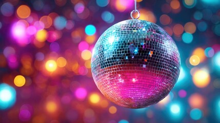 Obraz premium Sparkling disco ball reflecting colorful lights against a bokeh background at a party
