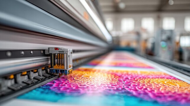 Close-up of a large format printer in action, printing colorful patterns.