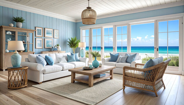 Elegant coastal living room with bright white sofas, nautical blue accents, and a breathtaking ocean view. Ideal for real estate, vacation rentals, luxury interiors, and seaside retreats.