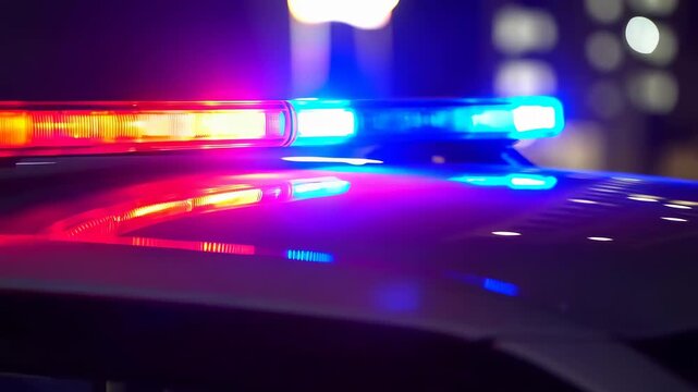 Police car with flashing lights at night. Emergency response vehicle signaling for attention in urban environment