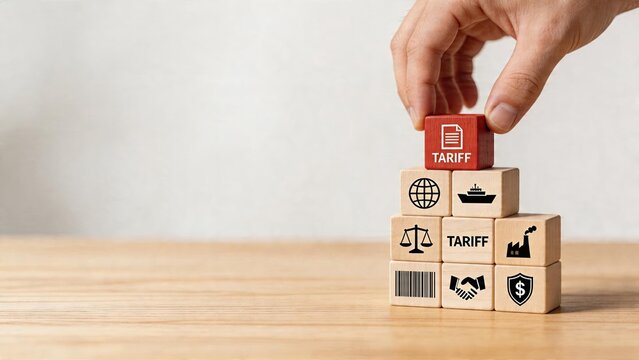 Business man stacking wooden blocks to build a tower representing international trade policy import tariff system global economic barrier concept financial risk management
