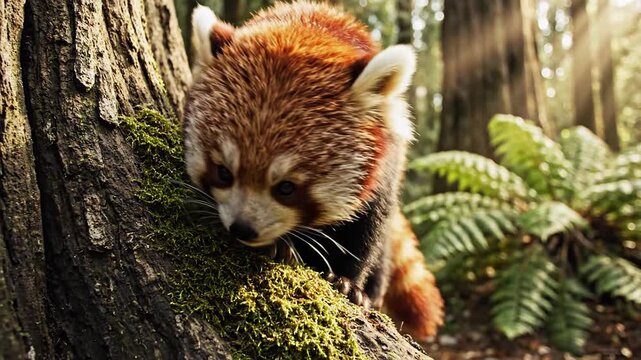 Red Panda Cautiously Descends Mossy Tree Trunk