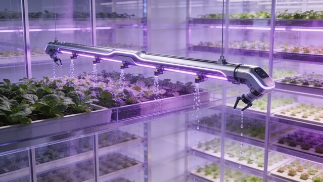 Automated vertical farm with purple led grow lights and lush green plants in a modern indoor agriculture setting with irrigation system