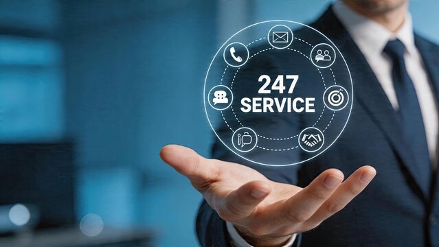 Businessman holding hologram technology with text 247 service customer support icon communication help desk symbol modern office environment background corporate strategy concept