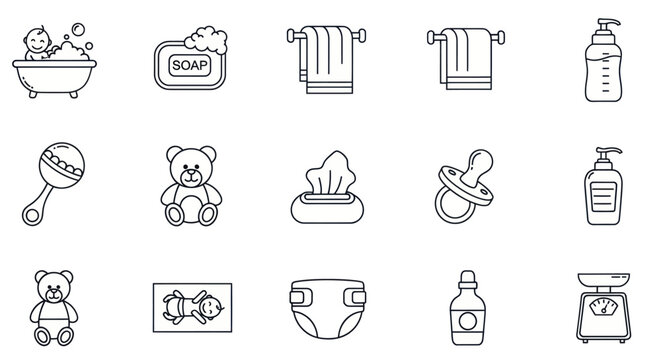 Baby Care Icons Set: Bath, Hygiene, Toys, and Essentials - Clean Line Art Illustration
