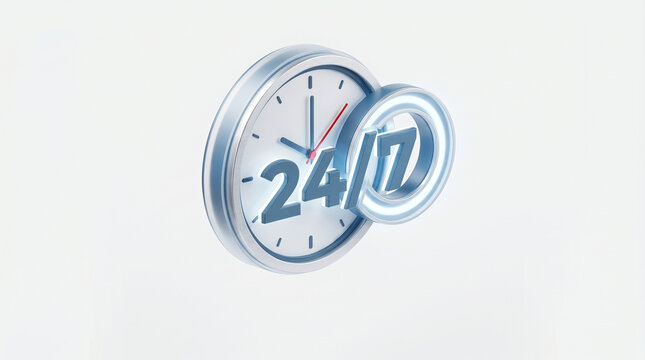 3D clock with 24/7 service sign on white background, time concept