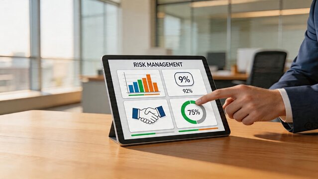 Business man woman or person in suit checking risk management dashboard on modern tablet computer screen with bar charts percentage statistics and handshaking icon for contract