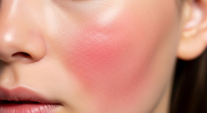 Close-up of pink blush applied to a woman's cheek