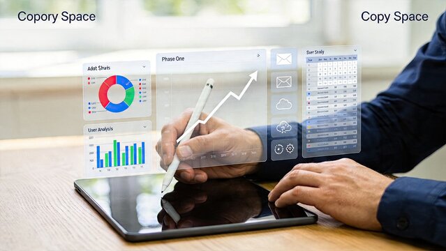 Businessman using tablet analyzing hologram data charts digital interface futuristic technology concept modern office workspace financial growth graph user analysis statistics
