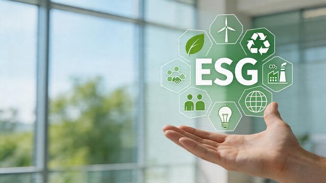 Business man holding digital concept of ESG in hand environmental social governance strategy for sustainable company growth and positive global impact corporate responsibility