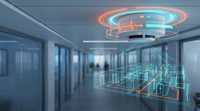 Smart fire sensor on ceiling with glowing HUD pulse and hallway blueprint, predictive hazard system, workplace protection, work safety