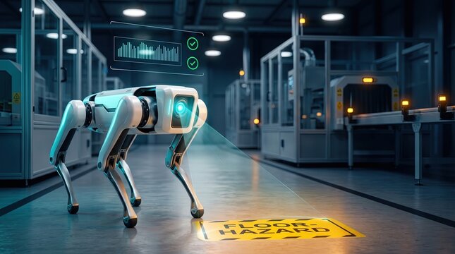 Inspection robot scanning floor hazard with digital status icons in factory corridor, AI monitoring system, workplace protection, work safety