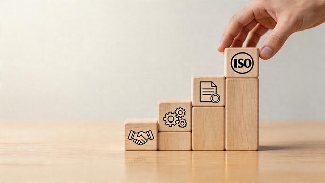 Business concept wooden blocks building tower with handshake gear document and ISO certification logo hand stacking steps for strategy quality control management system