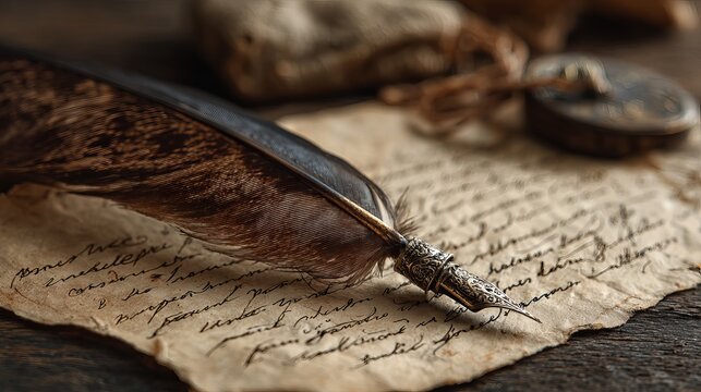 Old quill pen lies on aged, handwritten letter, showing cursive English script and a historic, retro background.