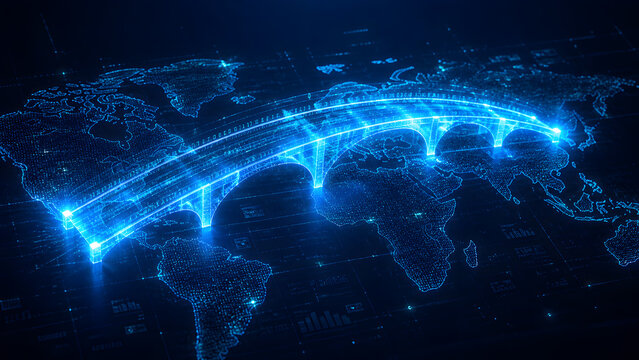 Futuristic Global Data Bridge Connecting Continents, Fintech Network and Digital Payment Infrastructure Concept