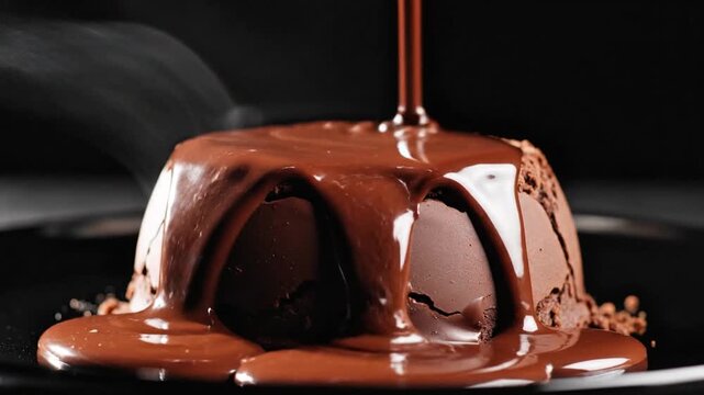 Chocolate dessert being poured with rich sauce on a plate indoors