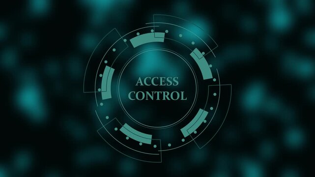 Digital HUD Circle with Access Control Text and Teal Bokeh Background security authorization