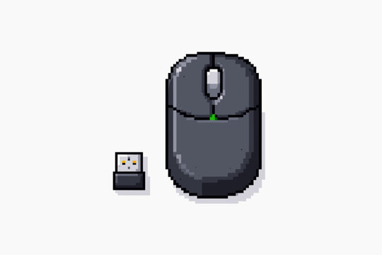 Vibrant pixel art wireless computer mouse and USB receiver set isolated on a white background, featuring a simple flat vector illustration style ideal for retro gaming and tech enthusiasts.