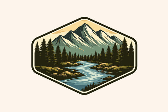 Vintage mountain river with pine tree logo icon design representing outdoor adventure concept and nature tourism symbol perfect for camping equipment branding and wilderness exploration apparel.