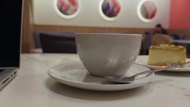 Closeup of coffee with blurred cake background. Portrait of latte on saucer with dessert blur behind. Perspective of coffee cup with reflective spoon and intimate cafe ambiance depicted