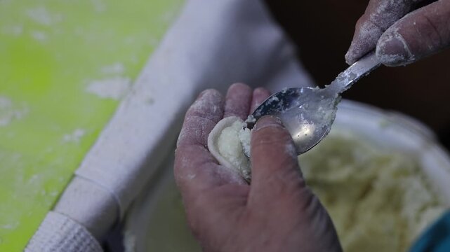 Close up of hands making traditional homemade dumplings with cottage cheese