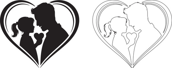 Fototapeta premium Silhouette illustration of a father and daughter sharing a loving bond inside a large heart shape