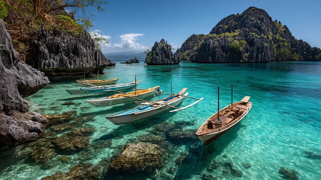 Boats near rocky shapes in the Philippines.