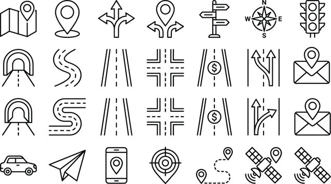 Professional navigation and transportation line icon set featuring maps road paths GPS location pins traffic signs compass satellites and vehicle symbols for creative design projects.