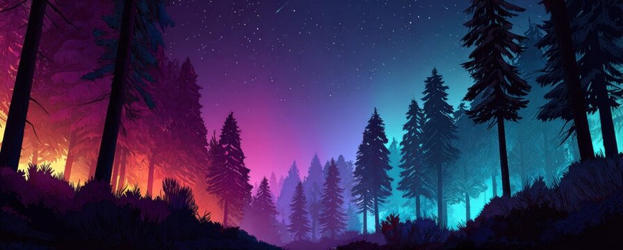 Vibrant neon forest landscape at night with starry sky and colorful glowing mist