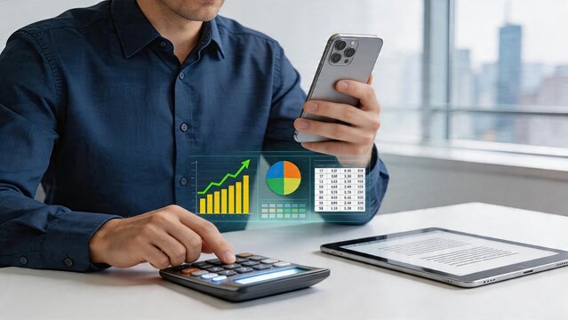 Businessman using smartphone calculator tablet working in office with holographic financial data display bar chart pie graph spreadsheet accounting concept