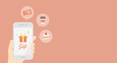 デジタルギフト (eギフト) が表示されたスマホのベクターイラスト (バナーやアイキャッチ画像向けのフラットデザイン) © Keyglad