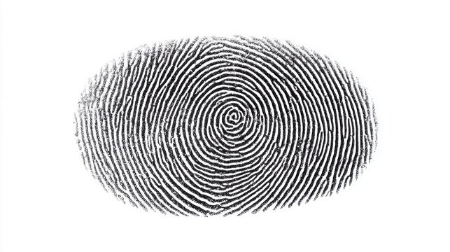 Close-up of a black fingerprint with concentric circular ridges on a white background