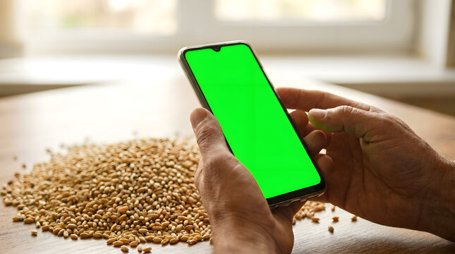 Close up of hands holding a smartphone with a green screen over a pile of wheat grains on a wooden table mobile phone chroma key