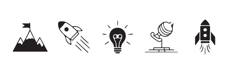 Fototapeta premium Innovation and business growth icons with rocket light bulb.