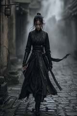 Naklejka premium portrait of a young warrior woman in a black dress