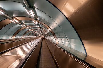 Fototapeta premium A long escalator in the St. Petersburg metro in Russia.