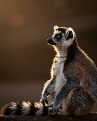 Fototapeta premium Ring-tailed lemur sitting in warm golden hour sunlight