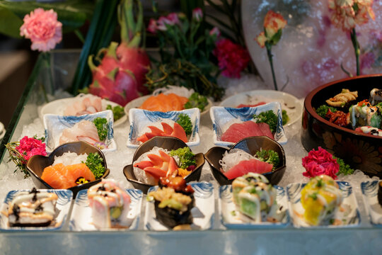 Sushi displayed on the Japanese cuisine table at a high-end buffet