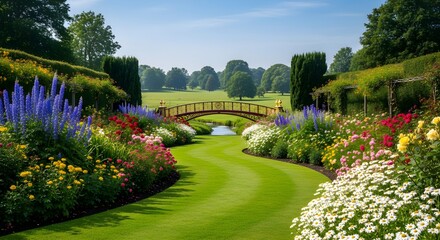 Obraz premium Sunlit Curving Garden Path with Colorful Summer Flower Borders, Distant Wooden Footbridge, Manicured Green Lawn, Tall Trees and Hedges Framing a Peaceful Landscape in a Tranquil Country Park Setting