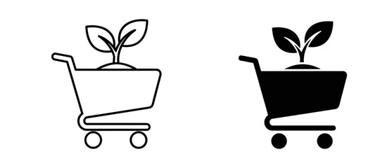 Shopping cart plant icon set, outline and solid leaf sprout trolley, white background, vector Illustration © Mobin