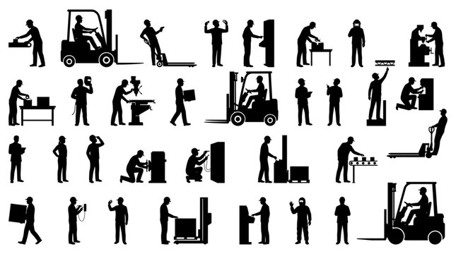 Manufacturing factory worker silhouettes performing industrial tasks with forklifts and heavy machinery | professional warehouse staff vector icons