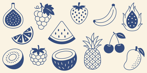 Fruit icons set in blue line style collection of fresh tropical and berry food symbols minimal outline design fig citrus grape pineapple cherry mango raspberry kiwi banana watermelon coconut © Mirikiteki
