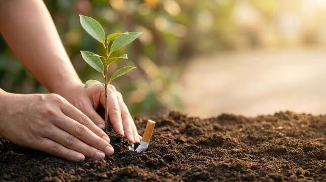 Hands planting a vibrant green seedling, replacing a discarded cigarette butt in rich soil.