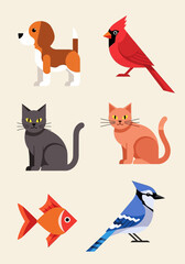 Fototapeta premium Minimalist Geometric Pet and Animal Illustration Set Featuring Dog, Cats, Cardinal, Blue Jay, and Goldfish for Modern Graphic Design
